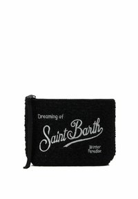 Zwart gestructureerd zakje met ritssluiting. Voorzien van wit geborduurde tekst: "Dromen van Saint Barth Winter Paradise." Compact ontwerp.