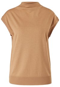 Haut sans manches en tricot marron clair avec col montant et finitions côtelées aux manches et à l'ourlet, présenté sur un fond blanc uni.