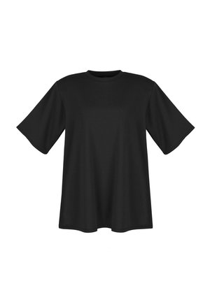 Czarny, luźny T-shirt z krótkim rękawem i okrągłym dekoltem na białym tle.