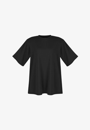 Czarny, luźny T-shirt z krótkim rękawem i okrągłym dekoltem na białym tle.