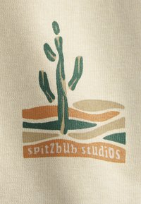 Abstract cactusontwerp met groene, beige en bruine golvende vormen en de tekst "spitzbub studios" op beige gebreide stof.