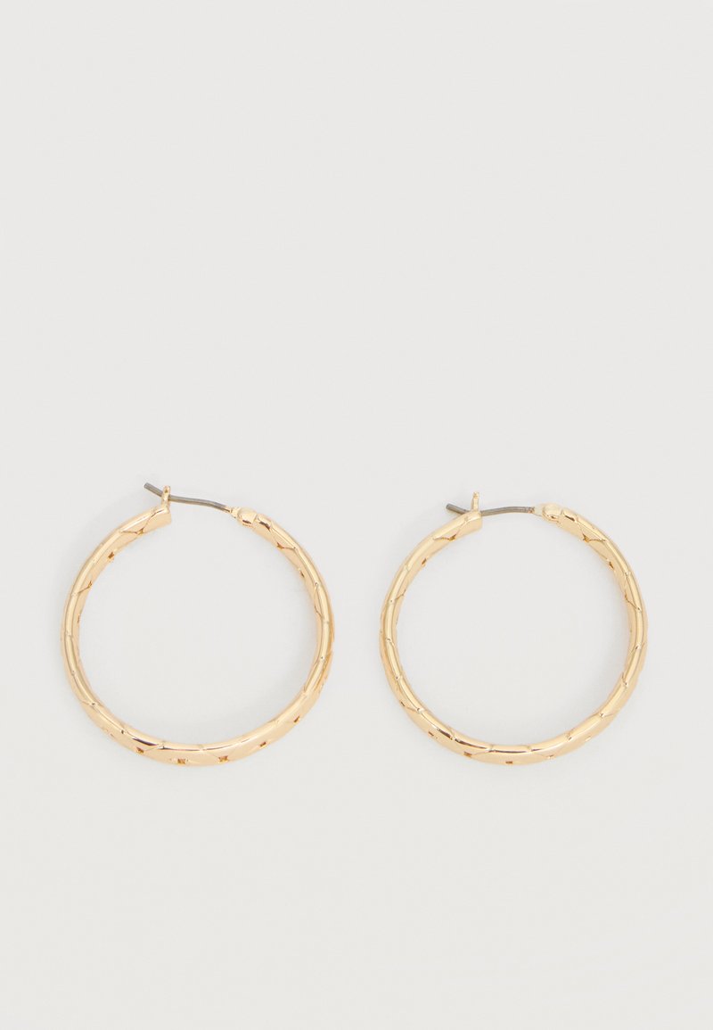 Ζευγάρι από επίχρυσα τετράγωνα σκουλαρίκια κρίκους με λεπτές ακίδες σε λευκό φόντο.