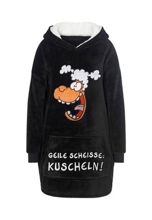 Black fleece hooded robe featuring a cartoon sheep face with a humorous expression, white fluffy accents, and a front pocket with text.