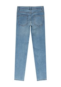 Lichtblauwe skinny jeans van denim met een middelhoge taille, twee achterzakken en een gladde textuur. Voorzien van standaard stiksels en zoom.