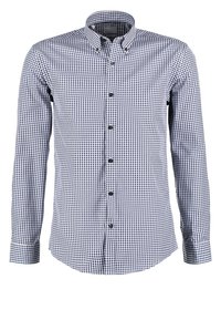Men’s long-sleeve button-up shirt with navy blue and white gingham check pattern and button-down collar.