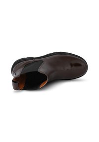 Brown leather Chelsea boot with elastic side panels, rounded toe, and a pull tab. Smooth texture and contrasting inner lining. Textured sole.