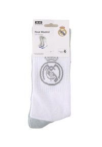 Calze bianche con dettagli grigi, dotate di un grande logo del Real Madrid sulla parte anteriore. Imballate con un gancio per esposizione. Taglia 38-45.
