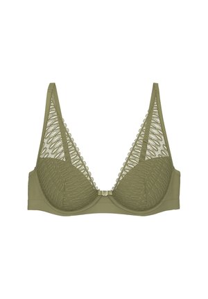 Olivengrøn blonder-bh med bøjle, justerbare stropper og lukning foran.