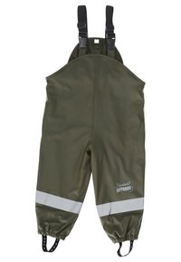 Green waterproof overalls with adjustable black straps, elastic cuffs, and reflective white stripes at the ankles. Features a logo on the side.