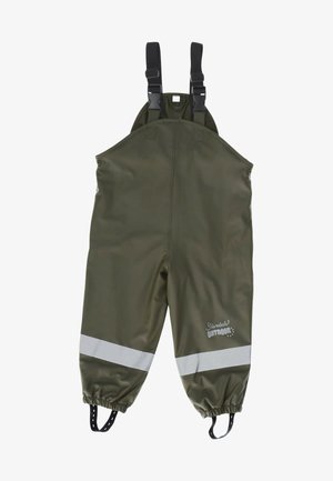 Grüne wasserdichte Overalls mit verstellbaren schwarzen Trägern, elastischen Bündchen und reflektierenden weißen Streifen an den Knöcheln. Mit einem Logo an der Seite.
