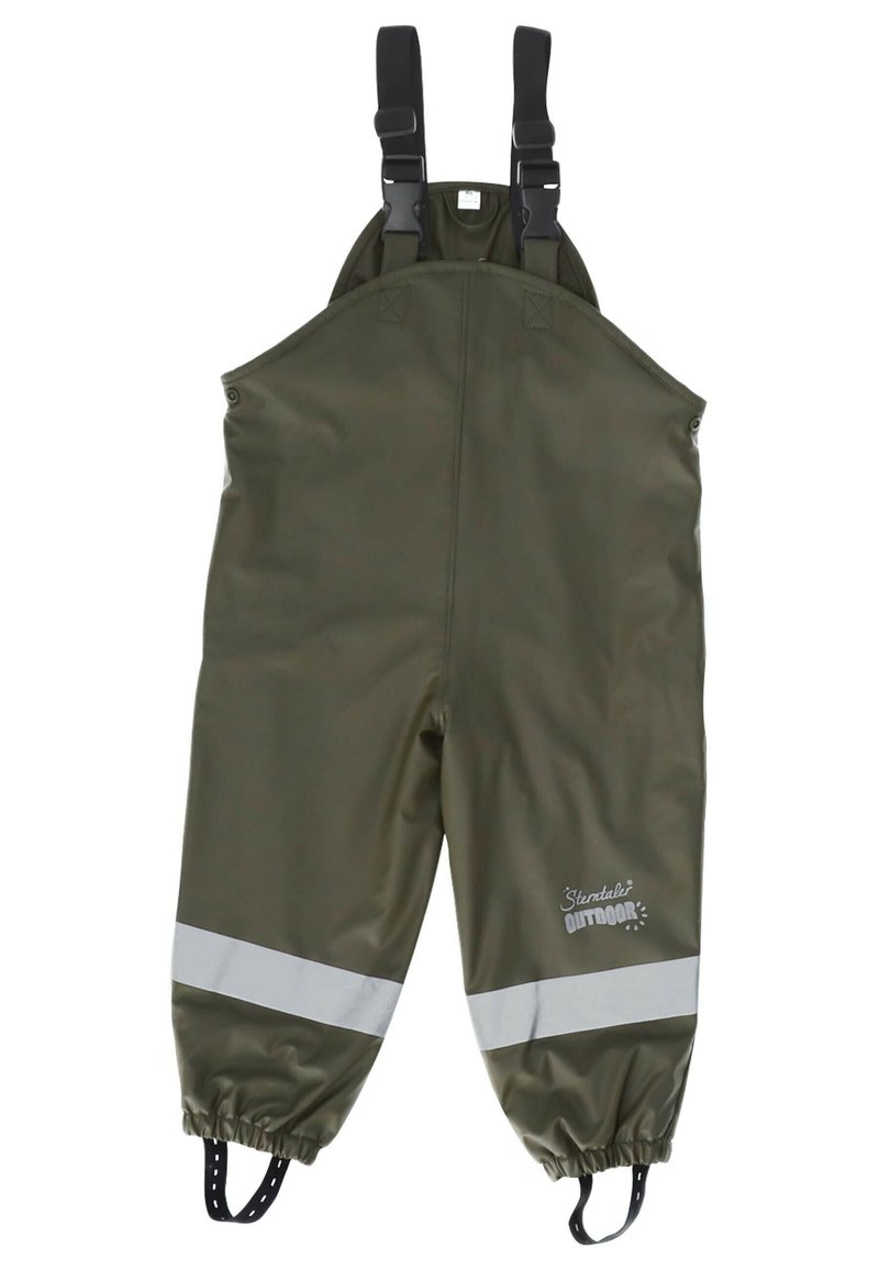 Green waterproof overalls with adjustable black straps, elastic cuffs, and reflective white stripes at the ankles. Features a logo on the side.