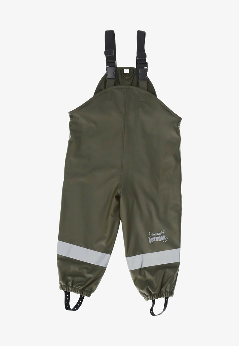 Green waterproof overalls with adjustable black straps, elastic cuffs, and reflective white stripes at the ankles. Features a logo on the side.