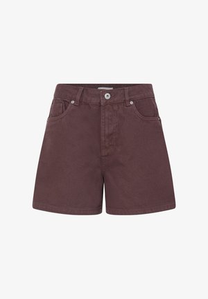 Short en denim marron avec bouton sur le devant, fermeture éclair, passants de ceinture et poches avant sur fond blanc.