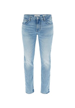 Jean en denim bleu clair avec une coupe slim, design à cinq poches, zones décolorées et ourlet brut. Dispose d'une fermeture à bouton et à glissière.