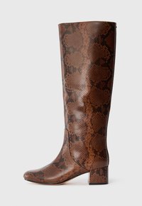 Brown knee-high boot with black snakeskin pattern, block heel, and rounded toe, shown in profile against a plain white background.