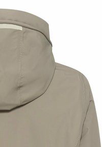 Light beige jacket with a high collar and hood. Features subtle stitching details and a smooth, water-resistant fabric texture.