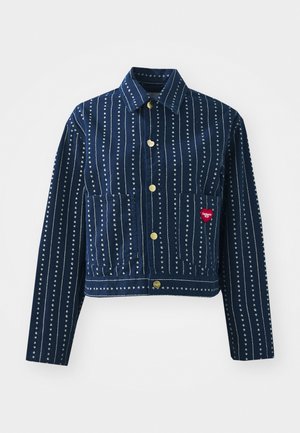 Navy blue denim jacket with white vertical stripes and small heart patterns. Features a collared neckline, button front, and two front pockets.