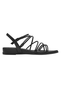 Svarta platta sandaler med flera smala remmar, en slät yta och en låg, texturerad klack. Minimalistisk design med en smidig siluett.