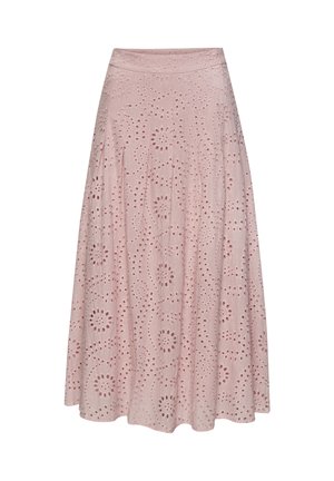 Hellrosa Midi-Rock mit floraler Lochstickerei und ausgestelltem Saum, aus leichtem Stoff gefertigt.