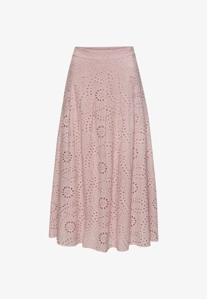 Light pink midi skirt with floral eyelet embroidery and flared hem, made of lightweight fabric.