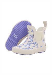 Bottines blanches imperméables avec imprimé floral bleu, semelle en caoutchouc texturée lavande, côtés élastiques et languette pour un enfilage facile.