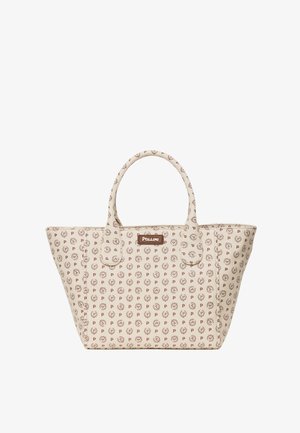 Borsa tote beige con motivo marrone a "P" e corona, doppie maniglie rotonde e toppa con il logo marrone "Pollini" al centro anteriore.