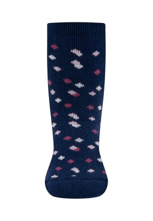 Knee-high socks in navy blue featuring a contrasting pattern of pink, white, and red diamond shapes throughout the fabric.