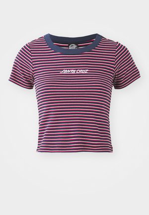 T-shirt de manga curta às riscas em azul-marinho, vermelho e rosa. Apresenta um decote azul-marinho sólido e o logótipo bordado "SANTA CRUZ" na parte da frente.