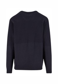 Maglione lavorato a maglia di un blu navy scuro con una parte superiore posteriore testurizzata e maniche lunghe, con polsini e orlo a coste, mostrato da dietro.