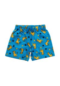 Pantaloni corti blu per bambini con vita elastica, caratterizzati da un motivo ripetuto di cuccioli di leone gialli e orme in nero e giallo.