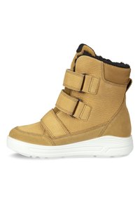 Gul läderankelboot med tre justerbara kardborreband, texturerad yta och vit gummisula. Fodrad med svart fleece för värme.