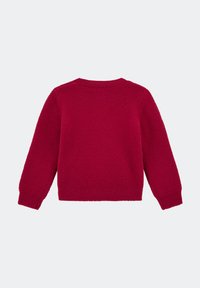 Maglione rosso in maglia, maniche lunghe, colletto rotondo, tessuto testurizzato con una finitura morbida. La vista posteriore mostra nessuna cucitura o abbellimento visibile.