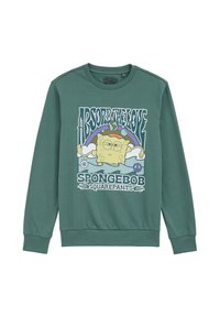 Groene sweatshirt met een ronde hals. Heeft een geprinte afbeelding van SpongeBob met de tekst "Absorb the Love" in een speelse lettertype.