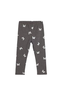 Leggings grises hechos de una tela suave, que presentan un patrón de mariposas blancas en todo su diseño y una cinturilla elástica para mayor comodidad.