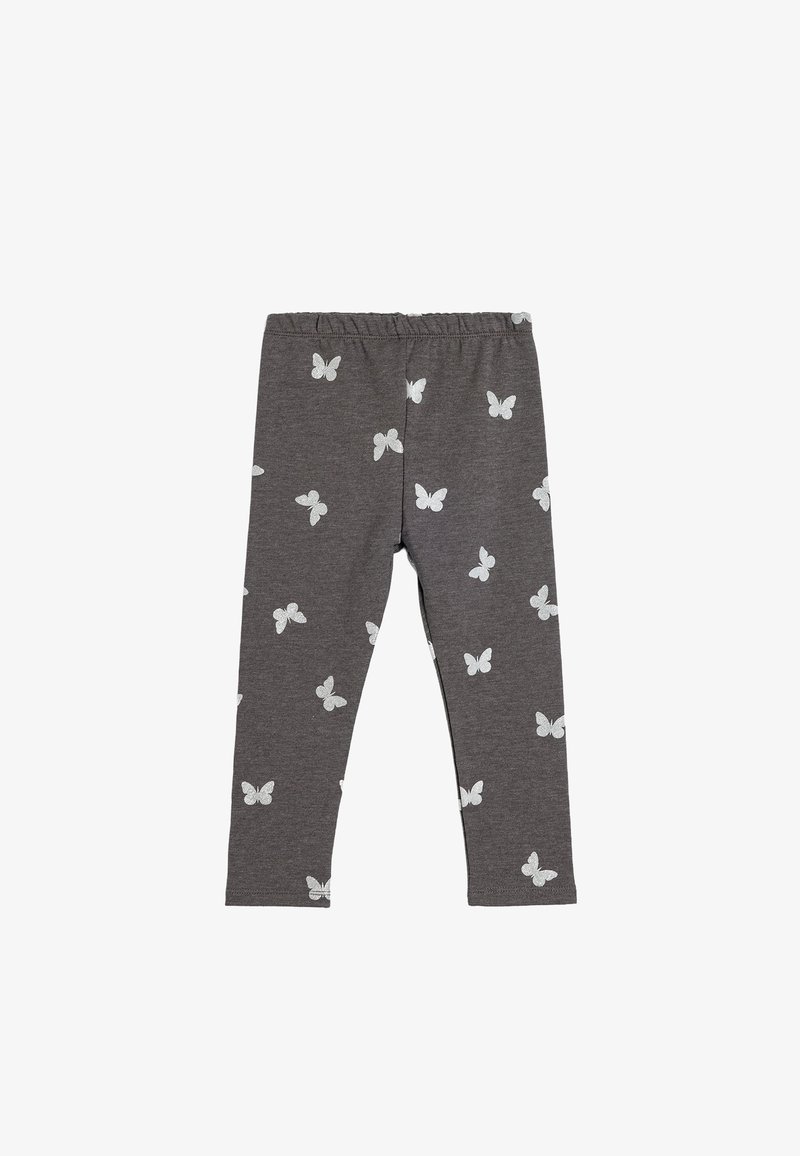 Leggings grigi in morbido tessuto, con un motivo di farfalle bianche su tutta la superficie e una vita elasticizzata per il massimo comfort.
