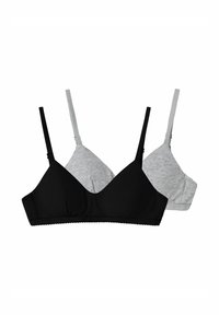 Zwei Bralettes: eines in Schwarz und eines in hellgrau. Beide haben dünne Träger, eine dreieckige Form, weichen Stoff und einen gewellten Rand am Bündchen.