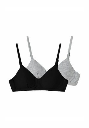 Zwei Bralettes: eines in Schwarz und eines in hellgrau. Beide haben dünne Träger, eine dreieckige Form, weichen Stoff und einen gewellten Rand am Bündchen.
