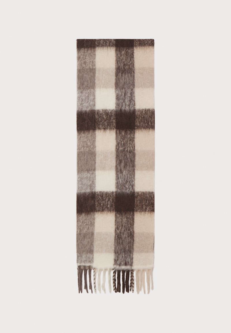 Wlněný šátek s kostkovaným vzorem v krémové, béžové a tmavě hnědé barvě, s třásněmi na okrajích a jemně texturovaným povrchem.