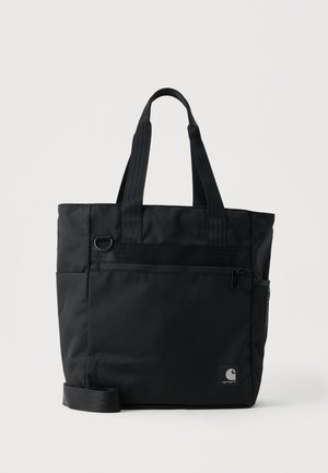 Schwarze Carhartt Tragetasche mit zwei Griffen, Frontreißverschlusstasche, seitlicher Netz-Tasche und verstellbarem Schulterriemen.