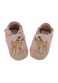 Zachte roze sloffen met een geborduurd ontwerp van een reekalf en bloemenaccenten. Gemaakt van textiel met een comfortabele instapstijl.