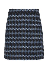 Tweed mini-skirt met een zwart-blauw geruit patroon, gemaakt van textuurstof. Rechte snit, zonder zichtbare sluitingen of versieringen.