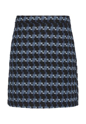 Mini-jupe en tweed avec un motif à carreaux noir et bleu et un tissu texturé. Silhouette droite, sans fermetures ni embellissements visibles.