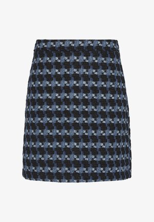 Tweed mini-skirt met een zwart-blauw geruit patroon, gemaakt van textuurstof. Rechte snit, zonder zichtbare sluitingen of versieringen.