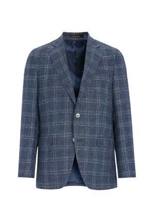 Blazer da uomo a quadri blu realizzato in tessuto texture, con colletto a rever, due bottoni e due tasche frontali. Interno foderato.