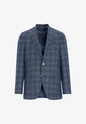 Miesten sininen ruudullinen bleiseri, joka on valmistettu teksturoidusta kankaasta. Siinä on viistot kaulukset, kaksi nappia ja kaksi etutaskua. Vuorattu sisus.