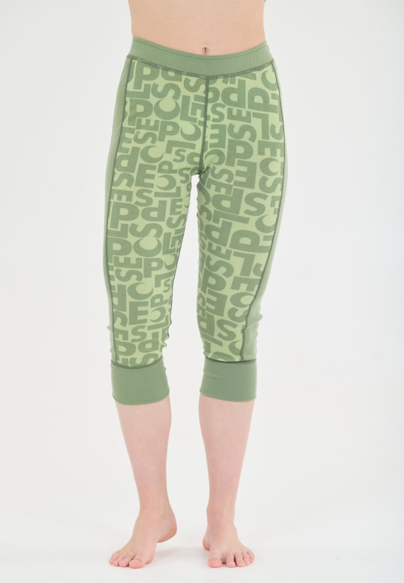 Green leggings with a repeating graphic pattern in a lighter shade of green. Features a fitted waist and cropped, ribbed cuffs.