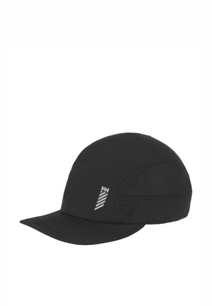 Black cap with a curved brim, made from lightweight fabric. Features mesh panels for breathability and a reflective logo on the side.