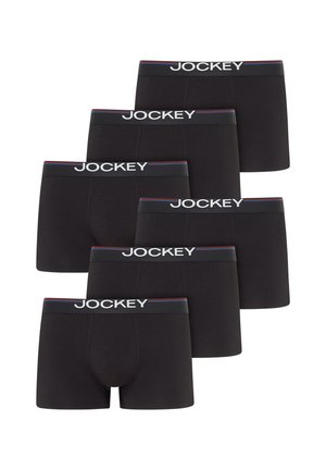Six black boxer briefs with elastic waistbands featuring Jockey branding in white and thin red and blue stripes.