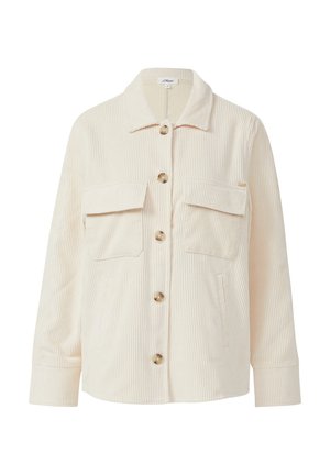 Beige Cordjacke mit kragenförmigem Ausschnitt, vorderem Knopfverschluss, zwei Brusttaschen und strukturiertem, geripptem Stoff.