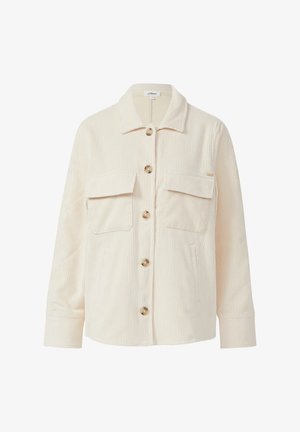 Beige Cordjacke mit kragenförmigem Ausschnitt, vorderem Knopfverschluss, zwei Brusttaschen und strukturiertem, geripptem Stoff.